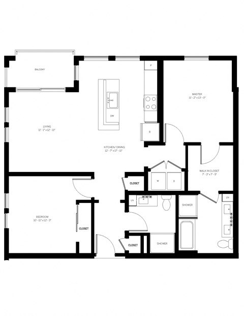 Floor plan for 2 beds, 2 baths, 1121 sqft